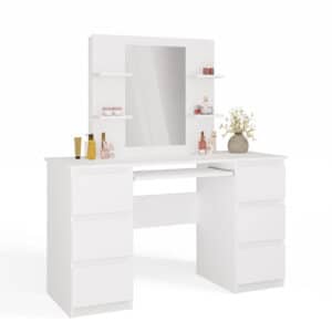 Elegant sminkebord med spejl og 4 hylder, hvid