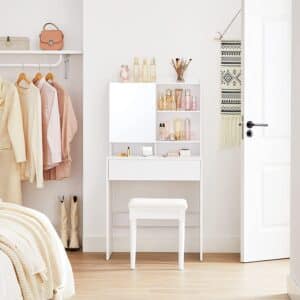 Moderne sminkebord med spejl, justerbare hylder, en skuffe og opbevaringsskab, 70 x 40 x 136 cm, hvid