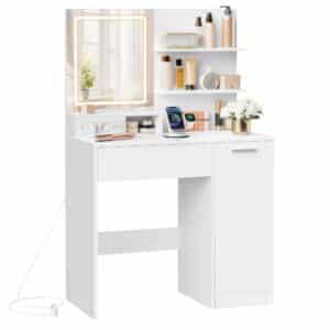 VASAGLE Kailyn Collection toiletbord med LED-spejl og strømskinne, kosmetikbord, skuffe og åbne hylder, garderobe med 2 justerbare hylder, hvid RDT138W01
