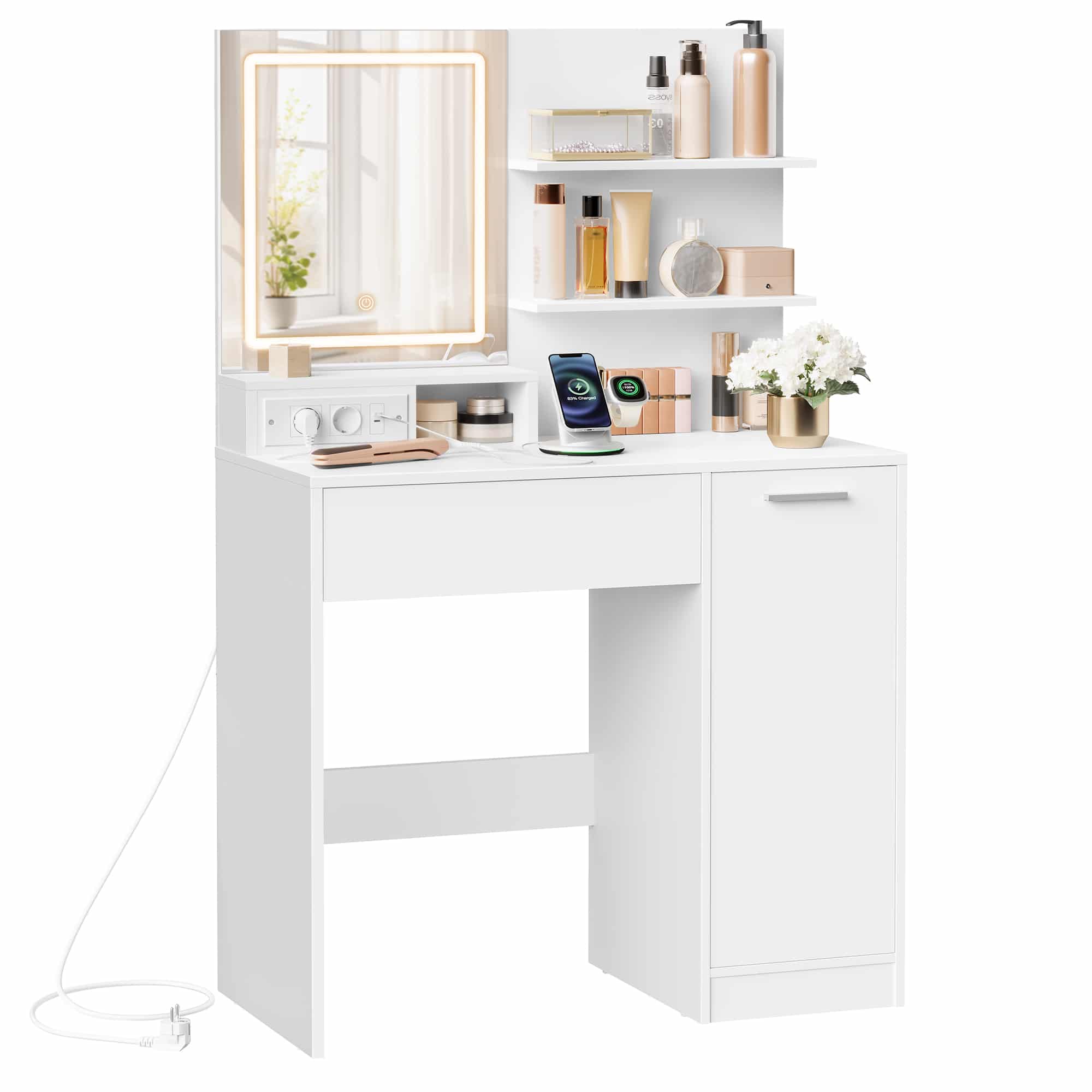 VASAGLE Kailyn Collection toiletbord med LED-spejl og strømskinne, kosmetikbord, skuffe og åbne hylder, garderobe med 2 justerbare hylder, hvid RDT138W01