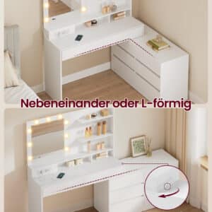 VASAGLE Kailyn RDT140WB01 Toiletbord med spejl og LED-belysning, Toiletbord 9 pærer, 8 skuffer, 3 hylder, 3 lysfarver, lige eller L-formet, Cloud White