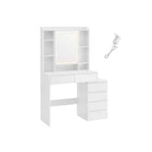 VASAGLE LED-belysningssminkebord med justerbar lysstyrke Sminkebord med spejl Kosmetikbord med skuffer Åbne rum Justerbare hylder Moderne Cloud White RDT124W01