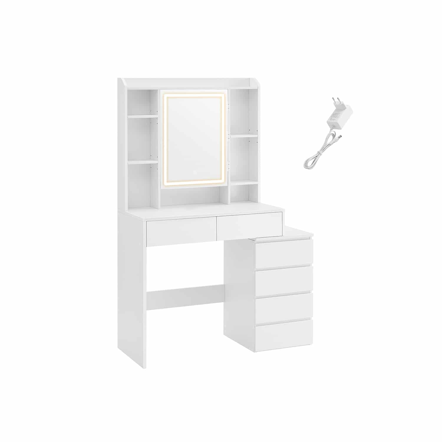 VASAGLE LED-belysningssminkebord med justerbar lysstyrke Sminkebord med spejl Kosmetikbord med skuffer Åbne rum Justerbare hylder Moderne Cloud White RDT124W01