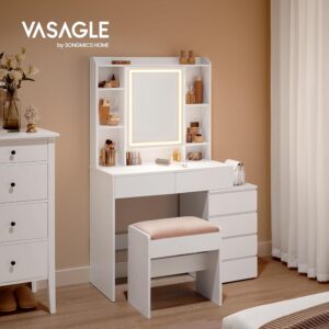 VASAGLE LED-belysningssminkebord med spejl, skuffer, åbne rum, justerbare hylder, skammel, justerbar lysstyrke, moderne, Cloud White RDT125W01
