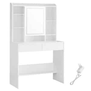 VASAGLE Toiletbord med LED-belysning, 3 farver med justerbar lysstyrke, Toiletbord med spejl til makeup, Kosmetikbord med justerbare hylder, 2 skuffer, Moderne, Hvid RDT123T14