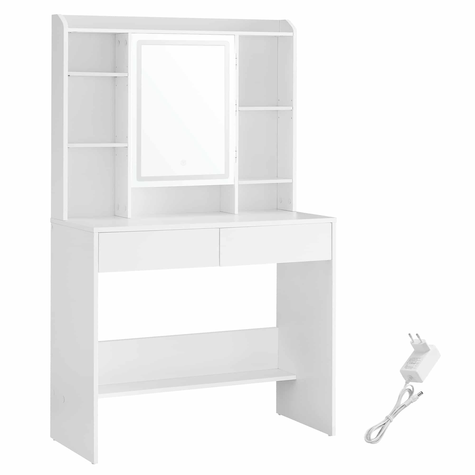 VASAGLE Toiletbord med LED-belysning, 3 farver med justerbar lysstyrke, Toiletbord med spejl til makeup, Kosmetikbord med justerbare hylder, 2 skuffer, Moderne, Hvid RDT123T14