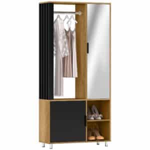 Garderobe med spejl og bøjlestang, opbevaringsrum, åbne hylder, naturtræ, sort