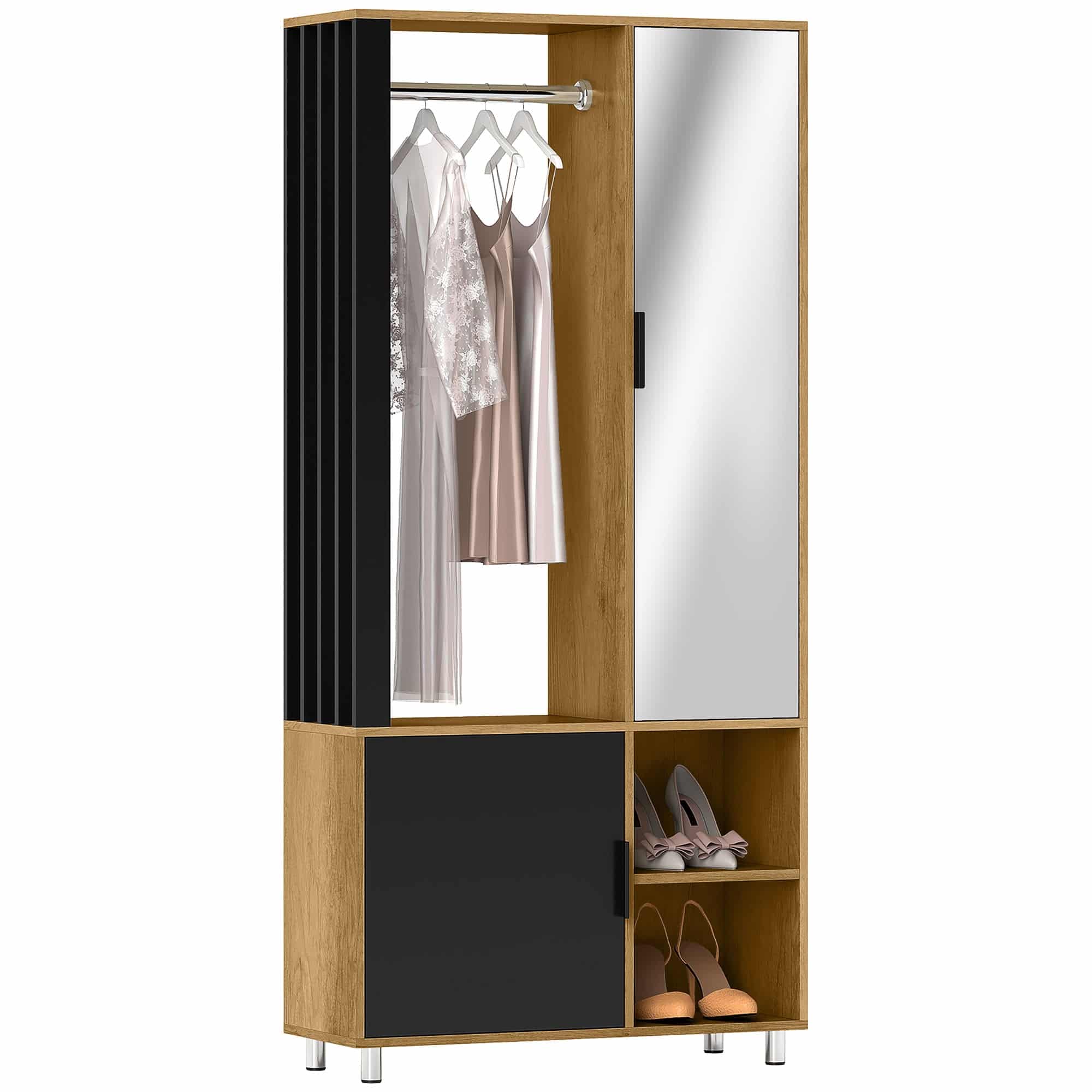 Garderobe med spejl og bøjlestang, opbevaringsrum, åbne hylder, naturtræ, sort